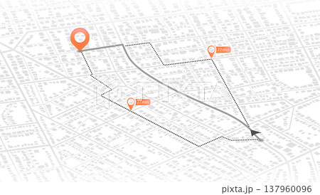 Isometric city map with designated destination, and multiple markers indicating various routes, including the shortest path option. Abstract navigation of city streets. Vector illustration 137960096