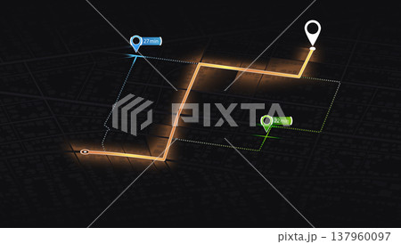 Multiple markers indicating various routes, including the shortest path option. Isometric city map with designated destination. Abstract navigation of city streets and neighborhoods. Vector 137960097