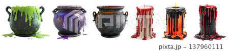 Set of witch black rustic cauldron with magic potion flowing and melted wax flame fire candle with blood on transparent cutout. PNG file. Many different design. Mockup template for artwork 137960111
