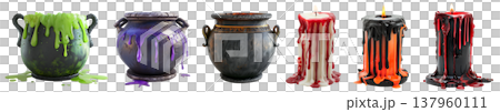 Set of witch black rustic cauldron with magic potion flowing and melted wax flame fire candle with blood on transparent cutout. PNG file. Many different design. Mockup template for artwork 137960111