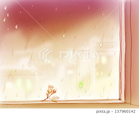 霧雨の街並みと小さなローズ 137960142