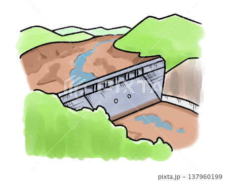 干上がったダムのイラスト （渇水/干ばつ） 137960199