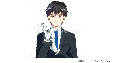 白い手袋をはめたスーツの男性のアニメ風イラスト、白バック 137960293