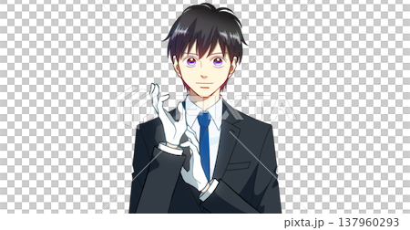 白い手袋をはめたスーツの男性のアニメ風イラスト、白バック 137960293