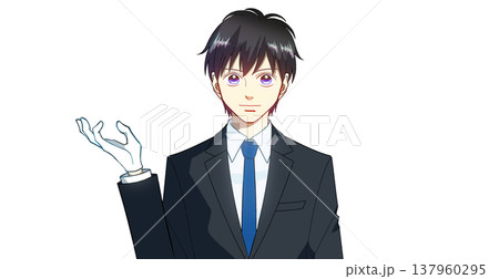 白い手袋をはめて案内をするスーツの男性のアニメ風イラスト、白バック 白い手袋をはめて案内をするスーツの男性のアニメ風イラスト、白バック 137960295