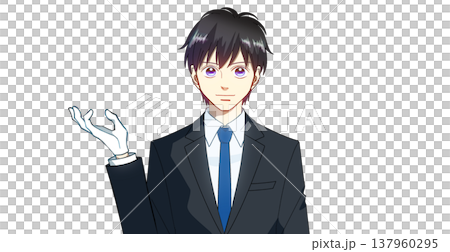 白い手袋をはめて案内をするスーツの男性のアニメ風イラスト、白バック 白い手袋をはめて案内をするスーツの男性のアニメ風イラスト、白バック 137960295
