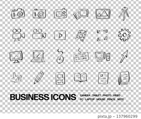 A set of hand-drawn black and white rough icons for cameras, videos, computers, business, etc. A set of hand-drawn black and white rough icons for cameras, videos, computers, business, etc. 137960299