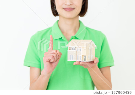 家の模型を持って人差し指を立てるミドル女性の介護福祉士 家の模型を持って人差し指を立てるミドル女性の介護福祉士 137960459