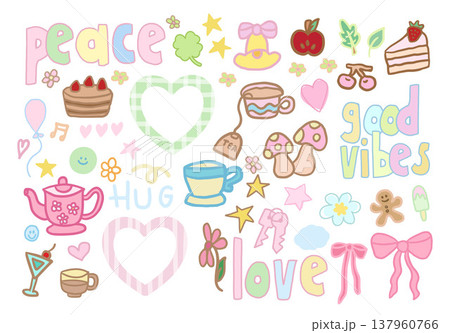Cute hand drawn vector illustrations of Christmas bell, apple, chocolate cake, hot tea cup with tea bag, mushroom, tea pot, cherry, keys, heart frame, peace letters, champagne glass, good vibes, stars Cute hand drawn vector illustrations of Christmas bell, apple, chocolate cake, hot tea cup with tea bag, mushroom, tea pot, cherry, keys, heart frame, peace letters, champagne glass, good vibes, stars 137960766