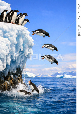 海に飛び込むペンギン 137960792