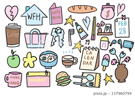 Hand drawn office vector illustration of notebook, work from home sign, takeaway coffee cup, bread loaf, coin purse, calendar, toothpaste, toothbrush, tote bag, keys, rice bowl with fried egg, hot tea Hand drawn office vector illustration of notebook, work from home sign, takeaway coffee cup, bread loaf, coin purse, calendar, toothpaste, toothbrush, tote bag, keys, rice bowl with fried egg, hot tea 137960794