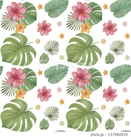 Seamless childish watercolor pattern with jungle flowers and leaves. Cute pattern, wild animal, African safari  137960926