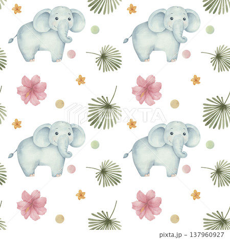 Seamless childish watercolor pattern with jungle animal elephant, flowers and leaves. Cute pattern, wild animal, African safari Seamless childish watercolor pattern with jungle animal elephant, flowers and leaves. Cute pattern, wild animal, African safari 137960927