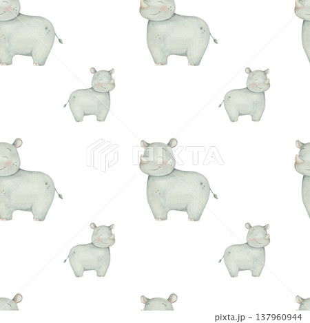 Seamless childish watercolor pattern with Rhino. Cute pattern, wild animal, African safari Seamless childish watercolor pattern with Rhino. Cute pattern, wild animal, African safari 137960944