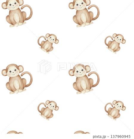 Seamless childish watercolor pattern with jungle monkey. Cute pattern, wild animal, African safari  137960945