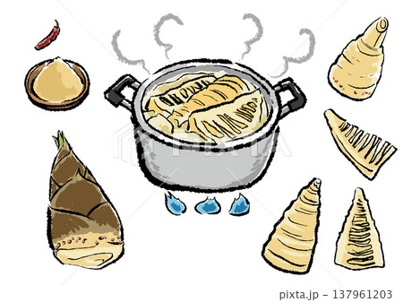 皮をむいたたけのこを大きな鍋でアク抜きする様子 手描き筆タッチのイラスト 皮をむいたたけのこを大きな鍋でアク抜きする様子 手描き筆タッチのイラスト 137961203