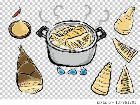 皮をむいたたけのこを大きな鍋でアク抜きする様子 手描き筆タッチのイラスト 皮をむいたたけのこを大きな鍋でアク抜きする様子 手描き筆タッチのイラスト 137961203