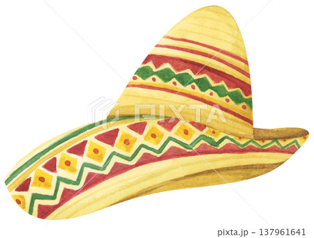 Watercolor Sombrero with Festive Pattern. Mexican Hat. Watercolor Sombrero with Festive Pattern. Mexican Hat. 137961641