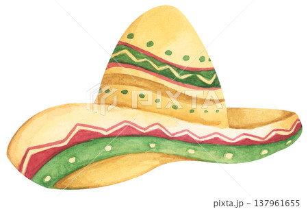 Watercolor Sombrero with Festive Pattern. Mexican Hat. Watercolor Sombrero with Festive Pattern. Mexican Hat. 137961655
