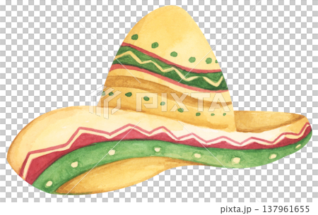 Watercolor Sombrero with Festive Pattern. Mexican Hat. 137961655