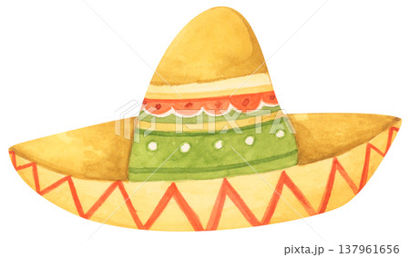 Watercolor Sombrero with Festive Pattern. Mexican Hat. Watercolor Sombrero with Festive Pattern. Mexican Hat. 137961656