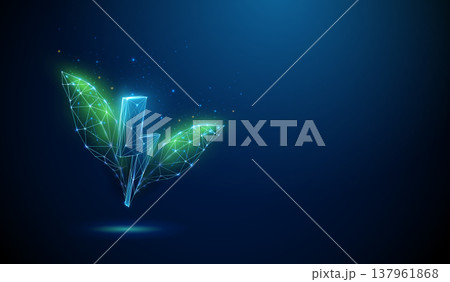 3d blue lightning bolt surrounded by green leaves. Clean energy, sustainable power, eco-friendly technology, renewable energy innovation, green electricity concept 3d blue lightning bolt surrounded by green leaves. Clean energy, sustainable power, eco-friendly technology, renewable energy innovation, green electricity concept 137961868