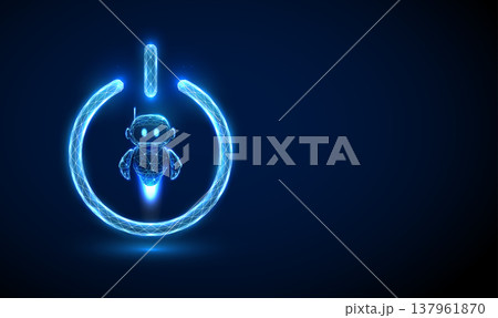 3d blue robot inside power button. AI activation, smart system startup, automated assistant launch, intelligent technology control, machine learning concept. 137961870