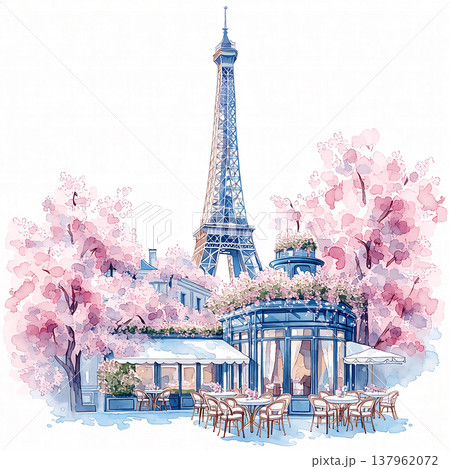 Eiffel Tower stands tall behind a cafe surrounded by pink cherry blossom trees during springtime in Paris 137962072