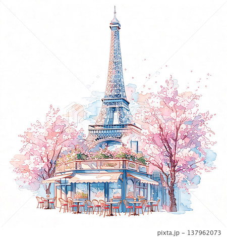 Eiffel Tower stands tall beside a cafe with cherry blossom trees in full bloom during spring in Paris 137962073