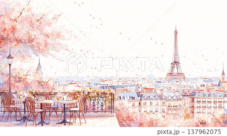 Enjoying a view of the Eiffel Tower from a balcony with cherry blossom trees in Paris during springtime 137962075