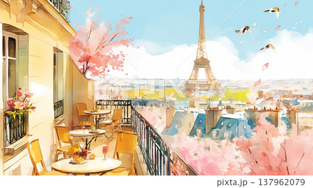 View of Paris from balcony with Eiffel Tower in springtime featuring cherry blossoms and outdoor tables 137962079