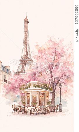 Eiffel Tower stands tall beside a cafe during spring with pink trees in bloom and empty chairs waiting for customers 137962096