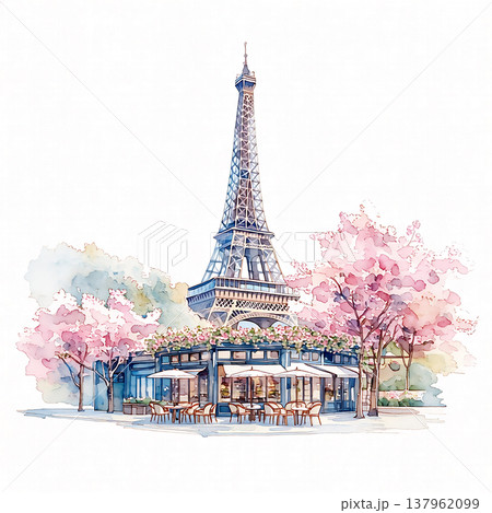 Eiffel Tower stands tall with cherry blossoms and a cafe in the foreground during spring time in Paris 137962099