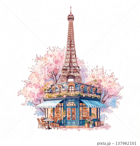 Eiffel Tower stands beside a cafe filled with cherry blossom trees in a lively Paris setting during springtime Eiffel Tower stands beside a cafe filled with cherry blossom trees in a lively Paris setting during springtime 137962101
