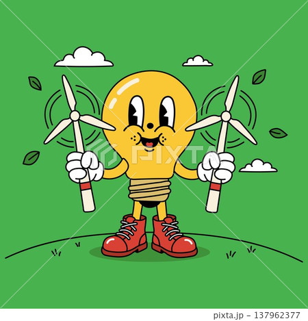 Cute Lightbulb Holding Wind Turbines with Green Energy Vibes Cute Lightbulb Holding Wind Turbines with Green Energy Vibes 137962377