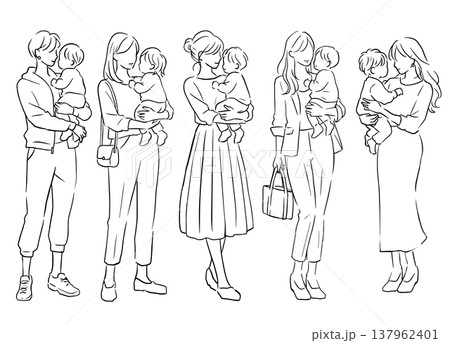 子供を抱っこする5人の女性のシンプルラインのイラストセット 137962401