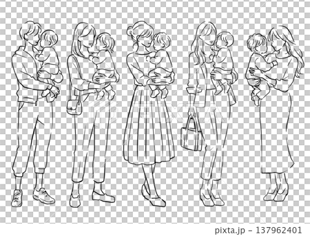 子供を抱っこする5人の女性のシンプルラインのイラストセット 137962401