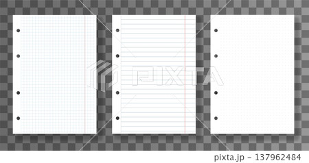 Set of realistic white paper sheets with holes for binder squared, lined and dot grid paper pages isolated on transparent background. Vector paper 137962484