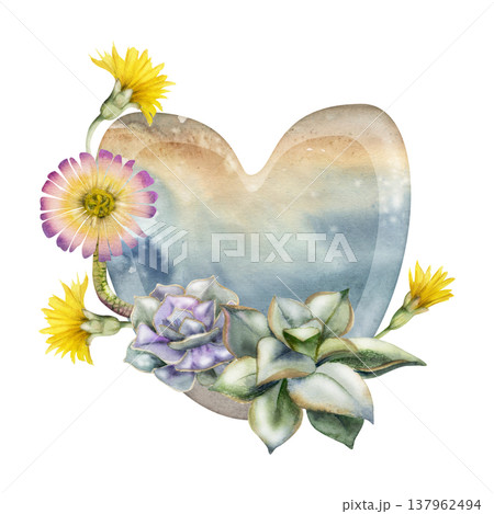 Rosette flowering echeveria, kalanchoe succulents in heart ceramic glazed plate hand painted in watercolor, desert or shore palette. Isolated illustration for yoga studio branding, eco lifestyle blogs Rosette flowering echeveria, kalanchoe succulents in heart ceramic glazed plate hand painted in watercolor, desert or shore palette. Isolated illustration for yoga studio branding, eco lifestyle blogs 137962494
