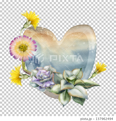 Rosette flowering echeveria, kalanchoe succulents in heart ceramic glazed plate hand painted in watercolor, desert or shore palette. Isolated illustration for yoga studio branding, eco lifestyle blogs Rosette flowering echeveria, kalanchoe succulents in heart ceramic glazed plate hand painted in watercolor, desert or shore palette. Isolated illustration for yoga studio branding, eco lifestyle blogs 137962494