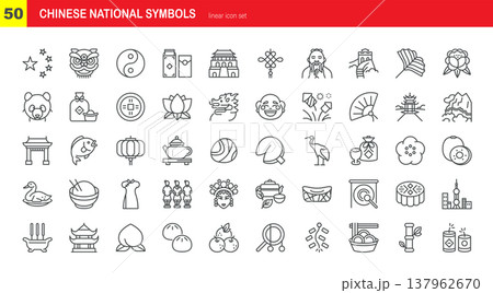 China Symbols Icon Set. Chinese Dragon, Panda, Great Wall, Confucius, Coin, Peking Opera Mask, Tea Ceremony, Pagoda, Yin Yang, Cheongsam and Other National Icons. Minimalistic Linear Symbols China Symbols Icon Set. Chinese Dragon, Panda, Great Wall, Confucius, Coin, Peking Opera Mask, Tea Ceremony, Pagoda, Yin Yang, Cheongsam and Other National Icons. Minimalistic Linear Symbols 137962670