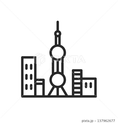 Oriental Pearl Tower Icon. Shanghai Skyline Landmark. Minimalistic Linear Symbol of Modern China, Urban Architecture, and City Identity. Oriental Pearl Tower Icon. Shanghai Skyline Landmark. Minimalistic Linear Symbol of Modern China, Urban Architecture, and City Identity. 137962677