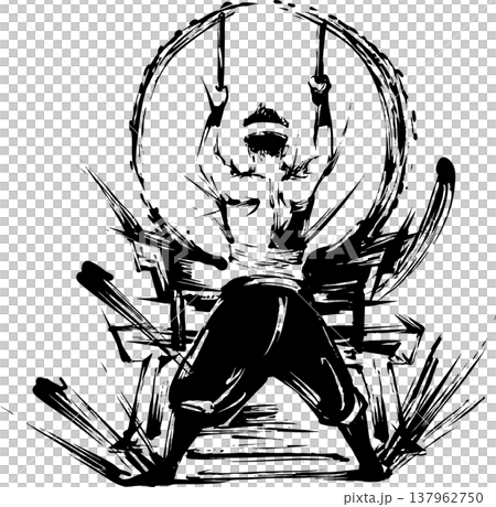 一幅描繪人物擊鼓的水墨畫插圖。 137962750