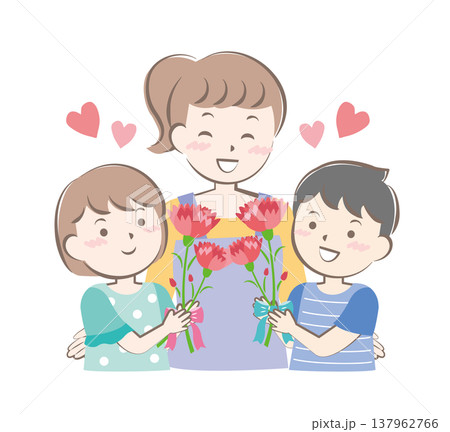 母の日にカーネーションを渡す男の子と女の子 母の日にカーネーションを渡す男の子と女の子 137962766
