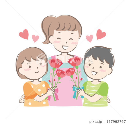 母の日にカーネーションを渡す男の子と女の子 母の日にカーネーションを渡す男の子と女の子 137962767