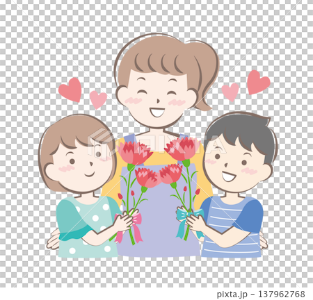 母親節當天,一男一女贈送康乃馨。 母親節當天,一男一女贈送康乃馨。 137962768
