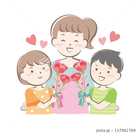 母の日にカーネーションを渡す男の子と女の子 137962769