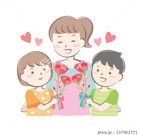 母の日にカーネーションを渡す男の子と女の子 母の日にカーネーションを渡す男の子と女の子 137962771