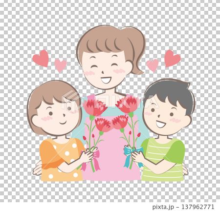 母の日にカーネーションを渡す男の子と女の子 母の日にカーネーションを渡す男の子と女の子 137962771