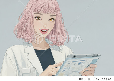 絵美シリーズ：タブレットで医療情報を確認するピンク髪の若い女性のイラスト素材 137963352